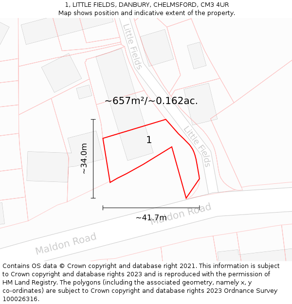 1, LITTLE FIELDS, DANBURY, CHELMSFORD, CM3 4UR: Plot and title map
