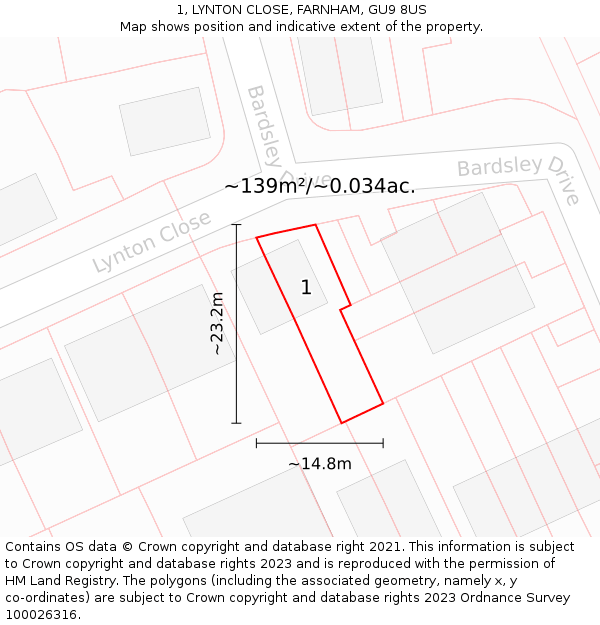 1, LYNTON CLOSE, FARNHAM, GU9 8US: Plot and title map