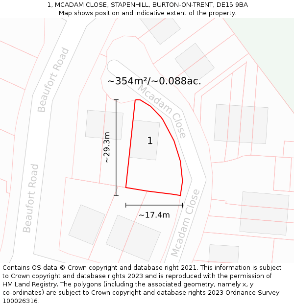 1, MCADAM CLOSE, STAPENHILL, BURTON-ON-TRENT, DE15 9BA: Plot and title map