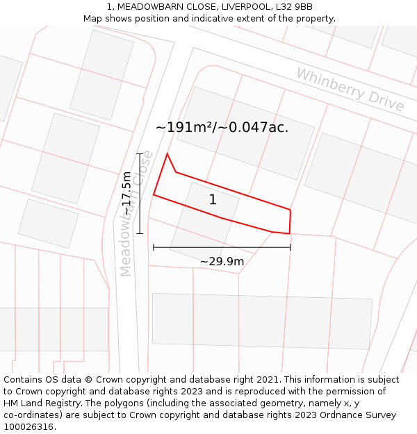 1, MEADOWBARN CLOSE, LIVERPOOL, L32 9BB: Plot and title map