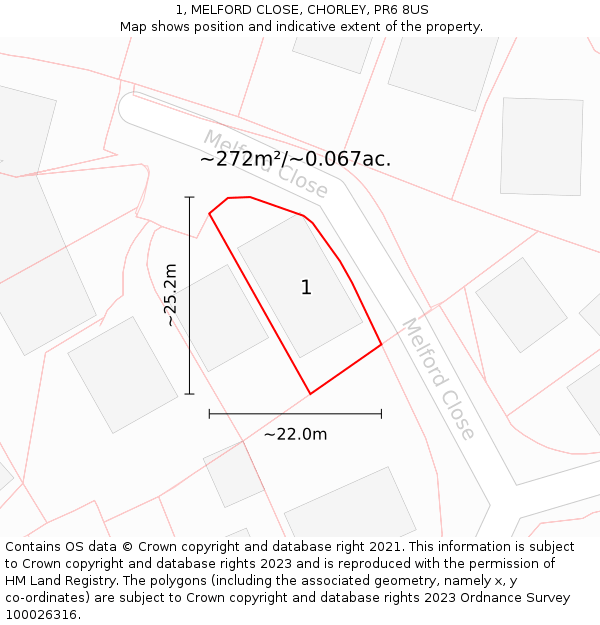 1, MELFORD CLOSE, CHORLEY, PR6 8US: Plot and title map