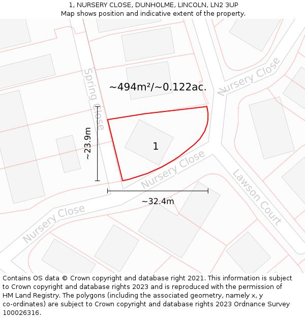 1, NURSERY CLOSE, DUNHOLME, LINCOLN, LN2 3UP: Plot and title map