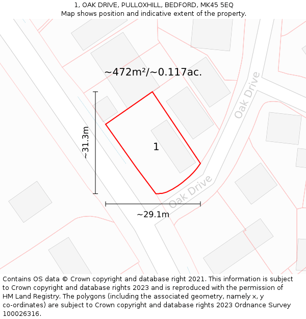 1, OAK DRIVE, PULLOXHILL, BEDFORD, MK45 5EQ: Plot and title map