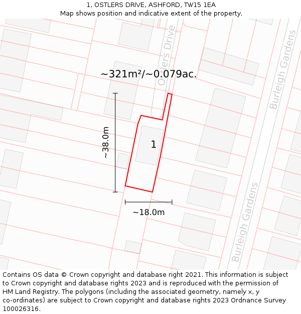 1, OSTLERS DRIVE, ASHFORD, TW15 1EA: Plot and title map