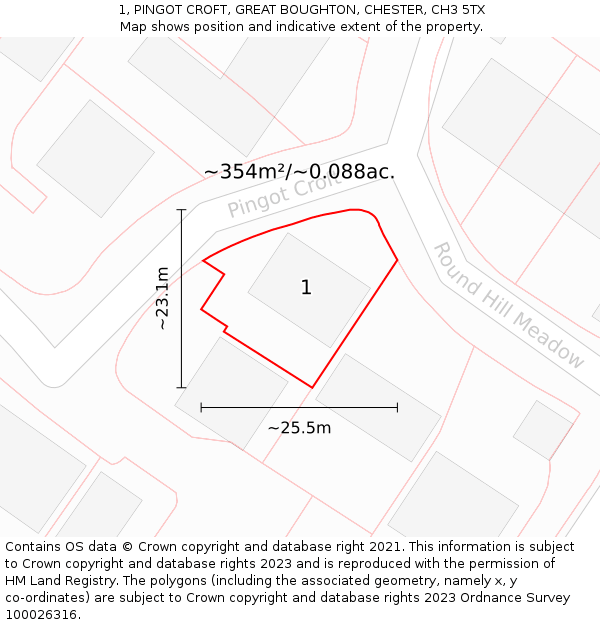 1, PINGOT CROFT, GREAT BOUGHTON, CHESTER, CH3 5TX: Plot and title map