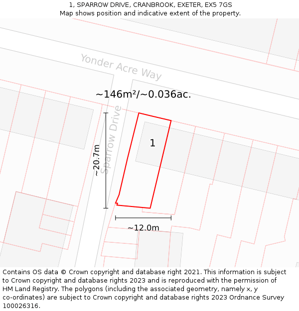 1, SPARROW DRIVE, CRANBROOK, EXETER, EX5 7GS: Plot and title map