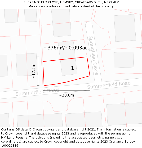 1, SPRINGFIELD CLOSE, HEMSBY, GREAT YARMOUTH, NR29 4LZ: Plot and title map