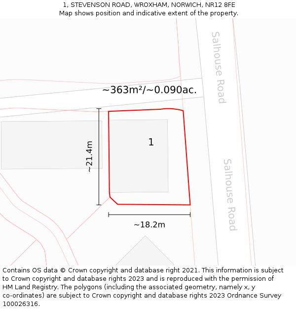 1, STEVENSON ROAD, WROXHAM, NORWICH, NR12 8FE: Plot and title map