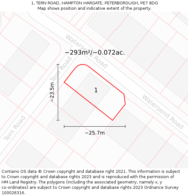 1, TERN ROAD, HAMPTON HARGATE, PETERBOROUGH, PE7 8DG: Plot and title map