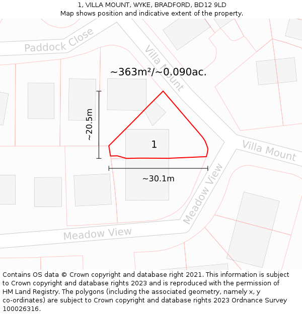 1, VILLA MOUNT, WYKE, BRADFORD, BD12 9LD: Plot and title map