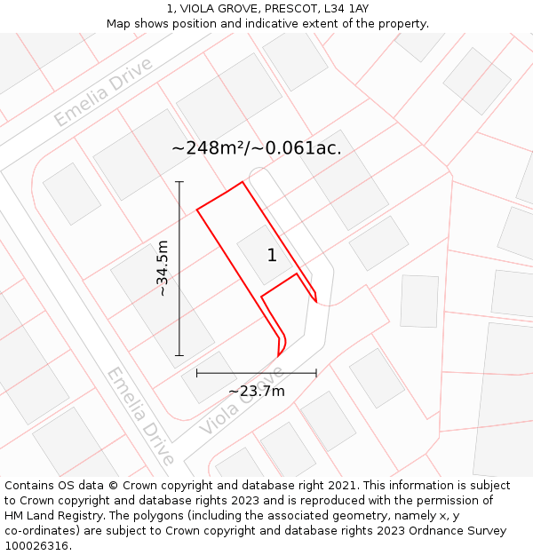 1, VIOLA GROVE, PRESCOT, L34 1AY: Plot and title map