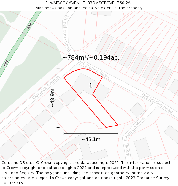 1, WARWICK AVENUE, BROMSGROVE, B60 2AH: Plot and title map