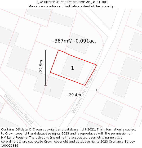 1, WHITESTONE CRESCENT, BODMIN, PL31 1PF: Plot and title map