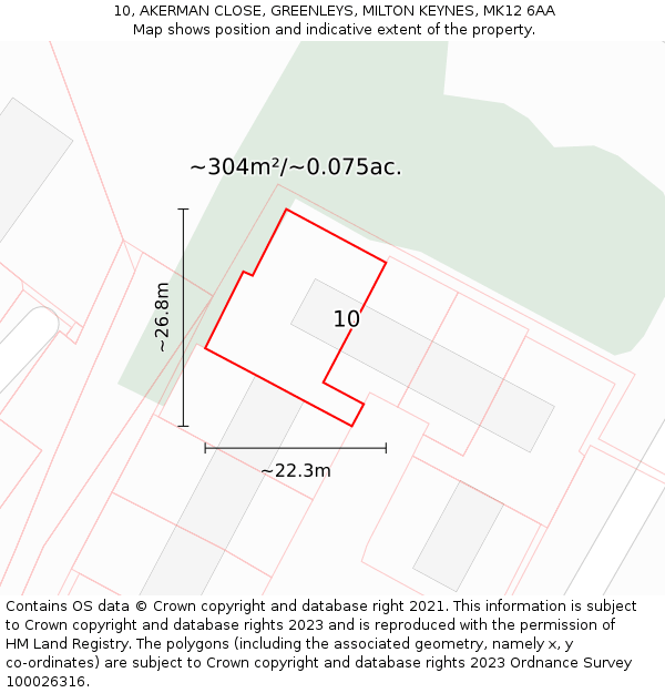 10, AKERMAN CLOSE, GREENLEYS, MILTON KEYNES, MK12 6AA: Plot and title map