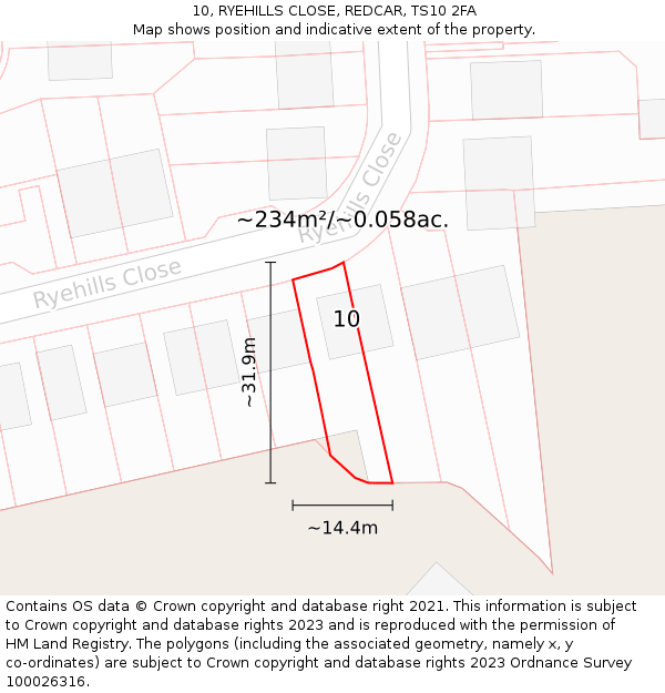 10, RYEHILLS CLOSE, REDCAR, TS10 2FA: Plot and title map