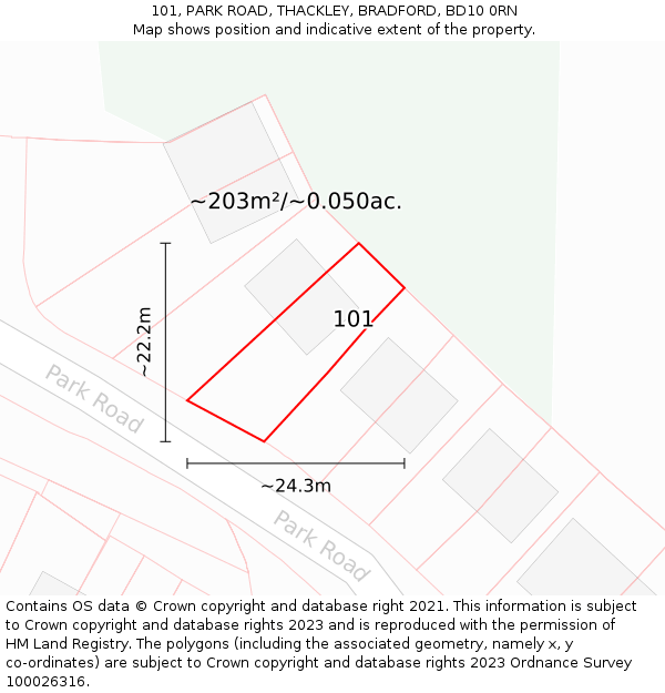 101, PARK ROAD, THACKLEY, BRADFORD, BD10 0RN: Plot and title map