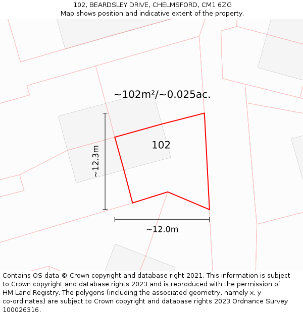 102, BEARDSLEY DRIVE, CHELMSFORD, CM1 6ZG: Plot and title map