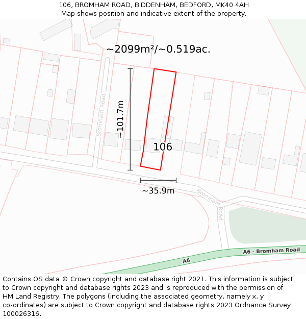 106, BROMHAM ROAD, BIDDENHAM, BEDFORD, MK40 4AH: Plot and title map