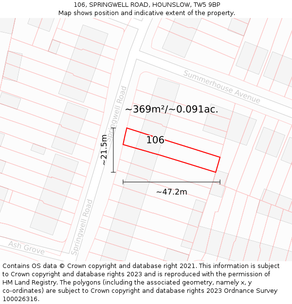 106, SPRINGWELL ROAD, HOUNSLOW, TW5 9BP: Plot and title map