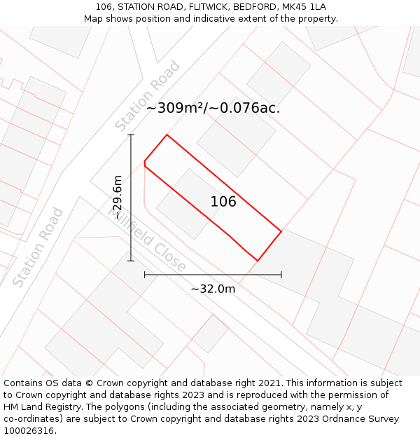 106, STATION ROAD, FLITWICK, BEDFORD, MK45 1LA: Plot and title map