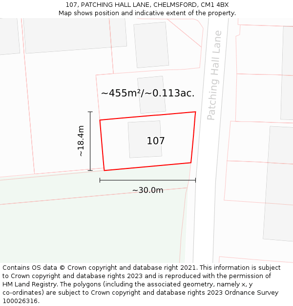 107, PATCHING HALL LANE, CHELMSFORD, CM1 4BX: Plot and title map