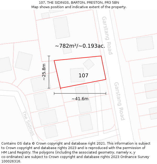 107, THE SIDINGS, BARTON, PRESTON, PR3 5BN: Plot and title map