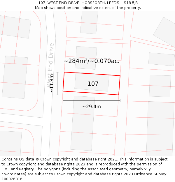 107, WEST END DRIVE, HORSFORTH, LEEDS, LS18 5JR: Plot and title map