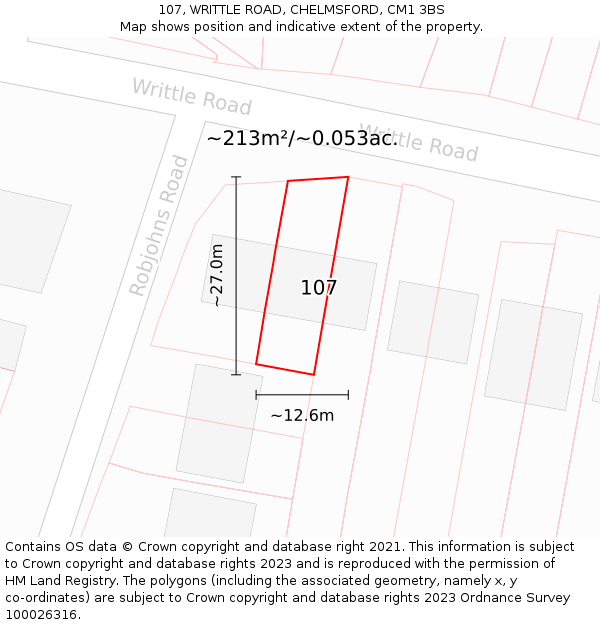 107, WRITTLE ROAD, CHELMSFORD, CM1 3BS: Plot and title map