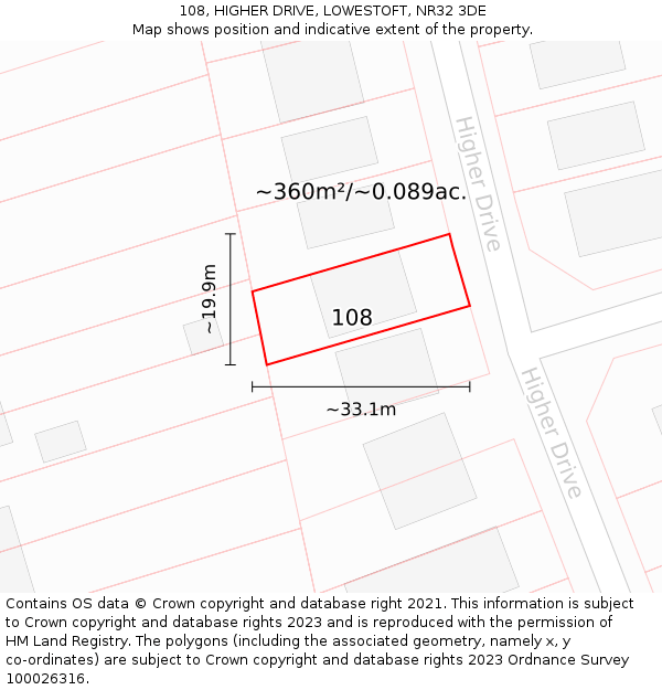 108, HIGHER DRIVE, LOWESTOFT, NR32 3DE: Plot and title map