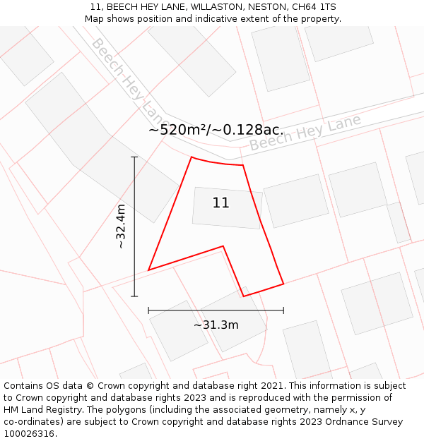 11, BEECH HEY LANE, WILLASTON, NESTON, CH64 1TS: Plot and title map