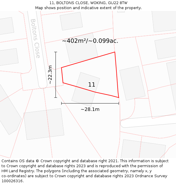11, BOLTONS CLOSE, WOKING, GU22 8TW: Plot and title map
