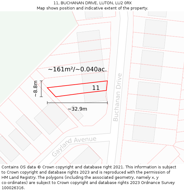 11, BUCHANAN DRIVE, LUTON, LU2 0RX: Plot and title map