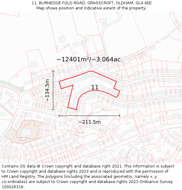 11, BURNEDGE FOLD ROAD, GRASSCROFT, OLDHAM, OL4 4EE: Plot and title map