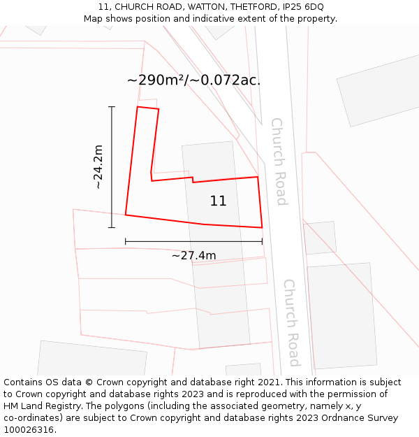 11, CHURCH ROAD, WATTON, THETFORD, IP25 6DQ: Plot and title map