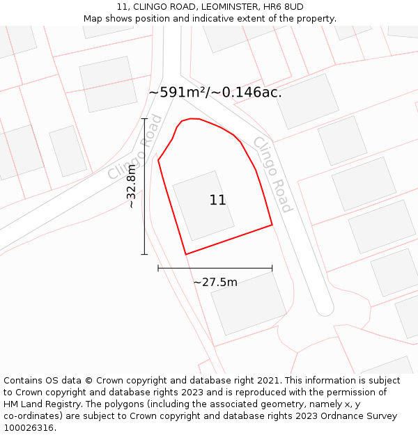 11, CLINGO ROAD, LEOMINSTER, HR6 8UD: Plot and title map
