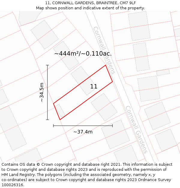 11, CORNWALL GARDENS, BRAINTREE, CM7 9LF: Plot and title map