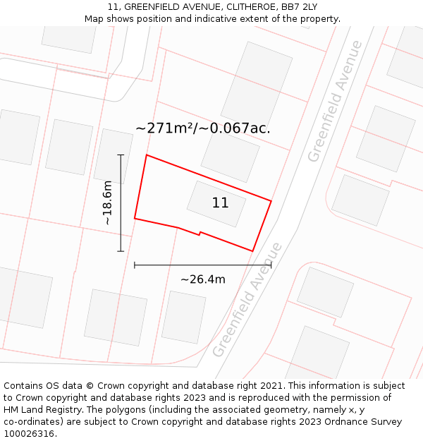 11, GREENFIELD AVENUE, CLITHEROE, BB7 2LY: Plot and title map