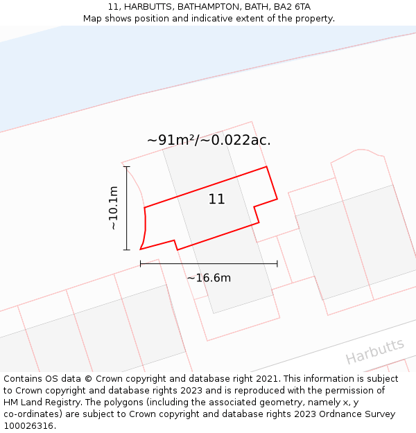 11, HARBUTTS, BATHAMPTON, BATH, BA2 6TA: Plot and title map