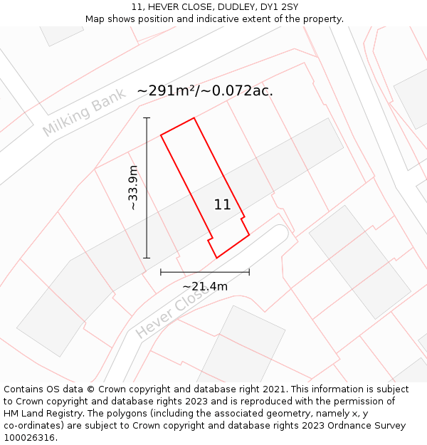 11, HEVER CLOSE, DUDLEY, DY1 2SY: Plot and title map