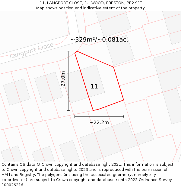 11, LANGPORT CLOSE, FULWOOD, PRESTON, PR2 9FE: Plot and title map