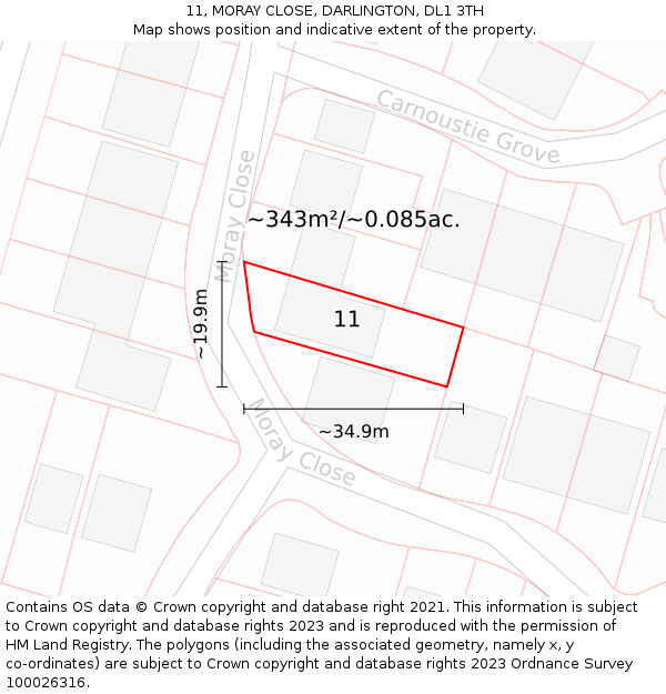 11, MORAY CLOSE, DARLINGTON, DL1 3TH: Plot and title map