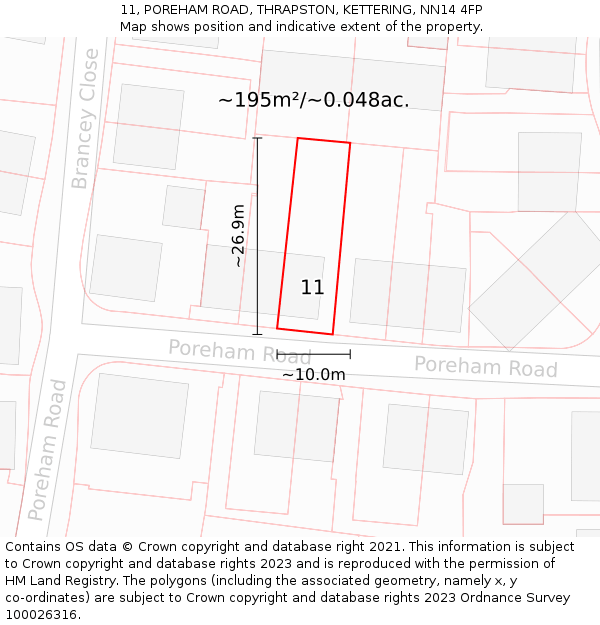 11, POREHAM ROAD, THRAPSTON, KETTERING, NN14 4FP: Plot and title map