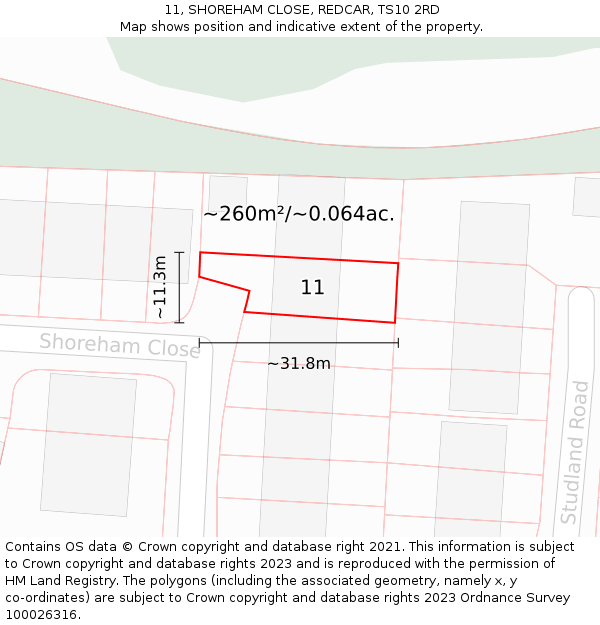 11, SHOREHAM CLOSE, REDCAR, TS10 2RD: Plot and title map
