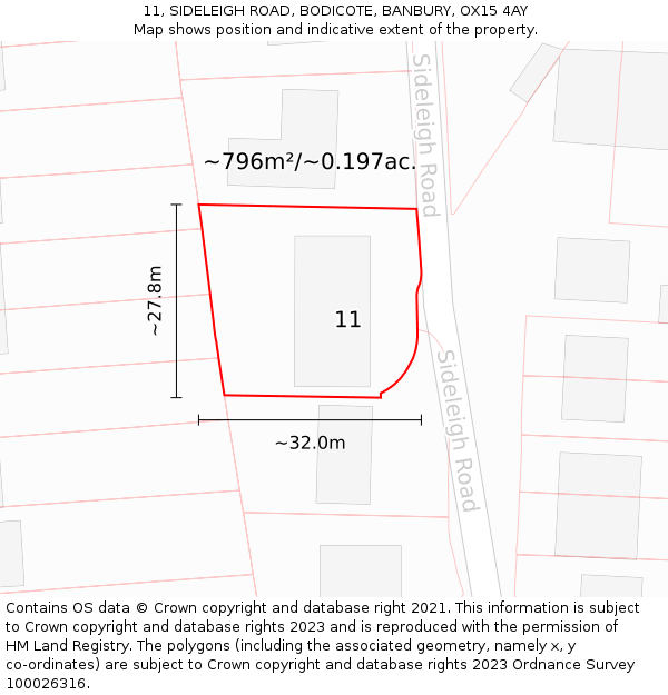 11, SIDELEIGH ROAD, BODICOTE, BANBURY, OX15 4AY: Plot and title map