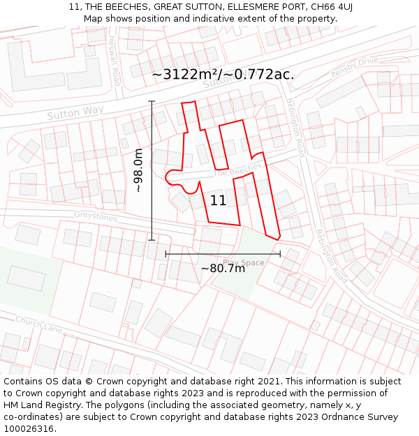 11, THE BEECHES, GREAT SUTTON, ELLESMERE PORT, CH66 4UJ: Plot and title map