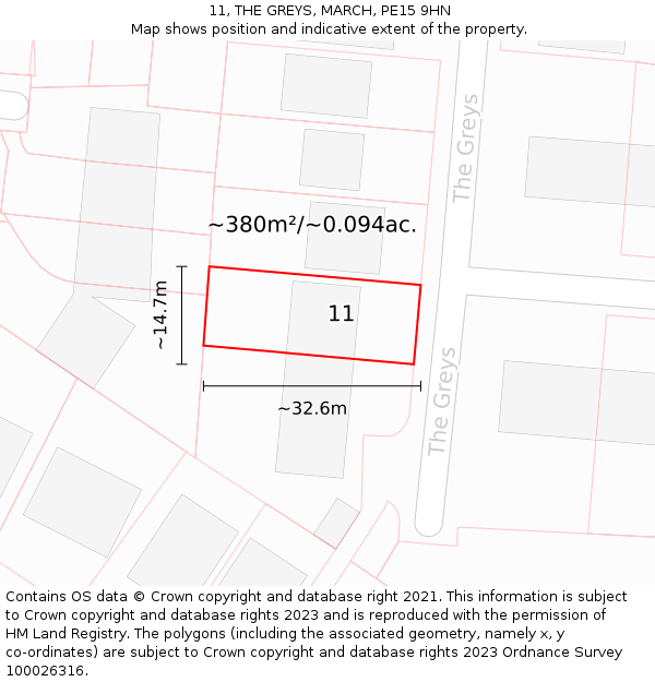 11, THE GREYS, MARCH, PE15 9HN: Plot and title map