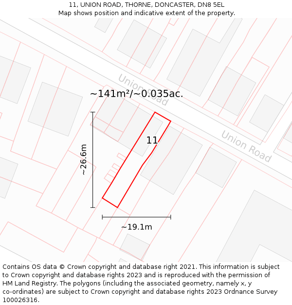 11, UNION ROAD, THORNE, DONCASTER, DN8 5EL: Plot and title map