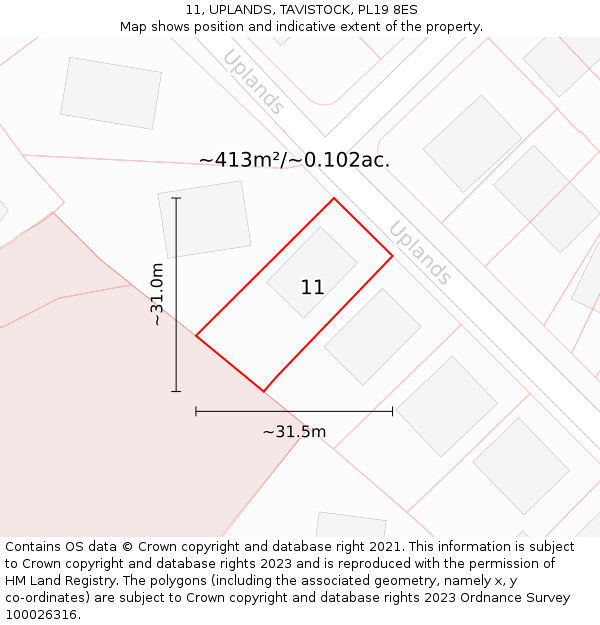 11, UPLANDS, TAVISTOCK, PL19 8ES: Plot and title map