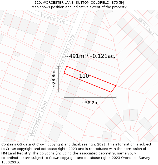 110, WORCESTER LANE, SUTTON COLDFIELD, B75 5NJ: Plot and title map
