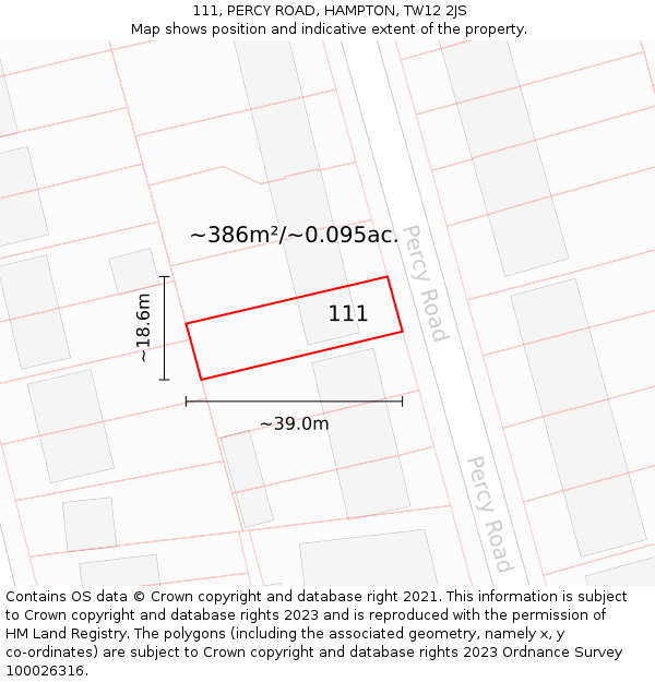 111, PERCY ROAD, HAMPTON, TW12 2JS: Plot and title map